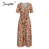 Simplee Leopard print women dress Sexy sleeveless ruffled high waist summer dress V-neck buttons beach wear holiday dress 2020