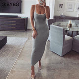 SIBYBO Ribbed Spaghetti Strap Cotton Dress Women Sleeveless O-Neck Summer Dress Solid Backless Long Party Dress