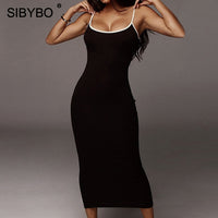 SIBYBO Ribbed Spaghetti Strap Cotton Dress Women Sleeveless O-Neck Summer Dress Solid Backless Long Party Dress