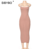 SIBYBO Ribbed Spaghetti Strap Cotton Dress Women Sleeveless O-Neck Summer Dress Solid Backless Long Party Dress