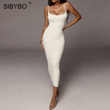 SIBYBO Ribbed Spaghetti Strap Cotton Dress Women Sleeveless O-Neck Summer Dress Solid Backless Long Party Dress