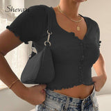 Shevan Street Summer Tops Sexy Women Blue with Buttons Tank Tops Short Sleeve Korean Style Rib Knitted Crop Top Women