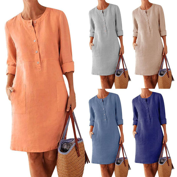 Plus Size Casual Solid Color Cotton Linen Women Long Sleeve Tunic Kaftan Dress length vestidos summer dresses  causal  clothing