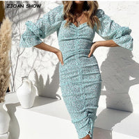 2020 New Package Hips Dot Print Long sleeve Dress Elegant Women Lacing up Elastic Ruched Mid Long Party Dresses Slim fit Vestido