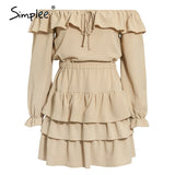 Simplee Sexy off shoulder women summer dress Elegant ruffle solid female short party sundress Casual A line ladies mini dresses