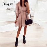 Simplee Sexy v-neck women ruffle pink dress Elegant dot print backless short sundress Summer office ladies casual mini dress