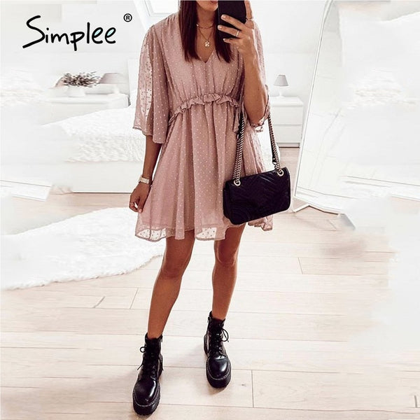 Simplee Sexy v-neck women ruffle pink dress Elegant dot print backless short sundress Summer office ladies casual mini dress