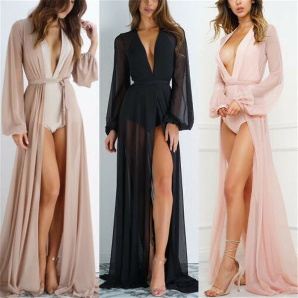 2020 Summer Brand Feminino Women Transparent Beach Maxi Dress Swimwear Bikini Cover-up Tunic Chiffon Female Bathing Suit