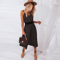 2020 Sexy Women Summer Sexy Dress Spaghetti Strap Dress V-Neck Pink Female Pleated Midi Dress Casual Office Ladies Party Dresses