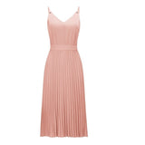 2020 Sexy Women Summer Sexy Dress Spaghetti Strap Dress V-Neck Pink Female Pleated Midi Dress Casual Office Ladies Party Dresses