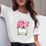 Women Clothes Print Flower Perfume Bottle Sweet Short Sleeve Tshirt Printed Women Shirt T Female T-shirt  Top Casual Woman Tee