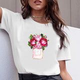 Women Clothes Print Flower Perfume Bottle Sweet Short Sleeve Tshirt Printed Women Shirt T Female T-shirt  Top Casual Woman Tee