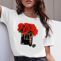 Women Clothes Print Flower Perfume Bottle Sweet Short Sleeve Tshirt Printed Women Shirt T Female T-shirt  Top Casual Woman Tee