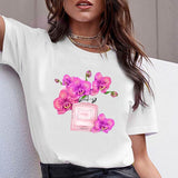 Women Clothes Print Flower Perfume Bottle Sweet Short Sleeve Tshirt Printed Women Shirt T Female T-shirt  Top Casual Woman Tee