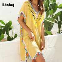 Woman Beach Dress Fringe Cover Up Ladies Yellow Tunic Beachwear 2020 Summer Women Tassel Swimsuit Cover Ups Black vestido playa