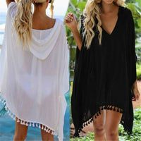 Womens Beach Dress Bikini Cover Up Swimwear Maxi Wrap Skirt Sarong Kimono Kaftan Summer Chiffon Tassel Hooded Batwing Sleeve Top