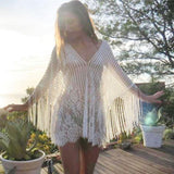 Womens Beach Dress Bikini Cover Up Swimwear Maxi Wrap Skirt Sarong Kimono Kaftan Summer Chiffon Tassel Hooded Batwing Sleeve Top