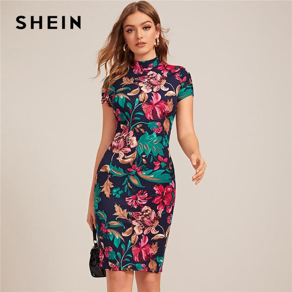 SHEIN Multicolor Mock-Neck Form Fitted Floral Print Dress Women Spring Cap Sleeve Bodycon Elegant Pencil Midi Dresses