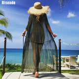 Riseado 2020 Pareo túnica de playa Bikini cubre Ups Vestido largo de playa traje de baño de media manga traje de baño Sexy trajes de baño mujeres