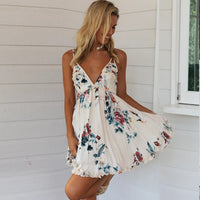 Foridol Backless Mini Dress Summer V Neck Beach Sundress Women White Floral Print Dresses Boho FlowerDress 2020 Short Dress