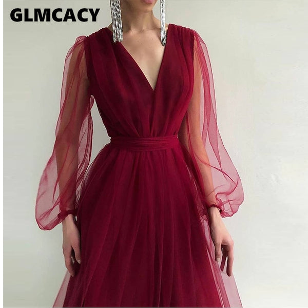 Women Mesh Long Sleeve Plunge Neck Dress Elegant Maxi Solid Formal Evening Party Dress