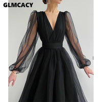 Women Mesh Long Sleeve Plunge Neck Dress Elegant Maxi Solid Formal Evening Party Dress