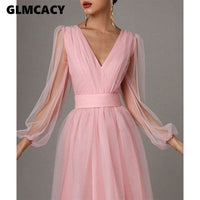 Women Mesh Long Sleeve Plunge Neck Dress Elegant Maxi Solid Formal Evening Party Dress