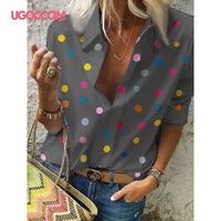 UGOCCAM Women Blouse Long Sleeve Shirt Print Office Turn-down Collar Blouse Elegant Work Plus Size Tops Fashion Women Tops