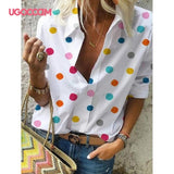 UGOCCAM Women Blouse Long Sleeve Shirt Print Office Turn-down Collar Blouse Elegant Work Plus Size Tops Fashion Women Tops