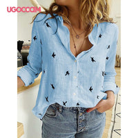 UGOCCAM Women Blouse Long Sleeve Shirt Print Office Turn-down Collar Blouse Elegant Work Plus Size Tops Fashion Women Tops