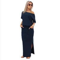 Hot Sale Women Boho Maxi Dress Sexy Summer Short Sleeve Side Slit Loose Evening Party Long Beach Dress with Pocket Vestidos