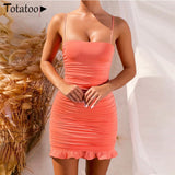 Totatoop Lace Up V Neck Ruched Bodycon Mini Dress Women 2020 Summer Hollow Out Ruffles Sundress Beachwear Vestidos