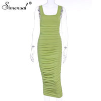 Simenual Ruched sólido Sexy Bodycon partido vestidos mujeres moda sin mangas ropa de fiesta ajustada básica caliente Midi vestido 2020 ajustado femenino