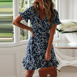 Women Dresses Summer 2020 Sexy V Neck Floral Print Boho Beach Dress Ruffle Short Sleeve A Line Mini Dress Wrap Sundress Robe