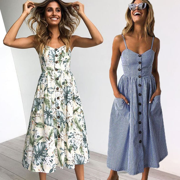 Vintage Casual Sundress Female Beach Dress Midi Button Backless Polka Dot Striped Women Dress Summer 2020 Boho Sexy Floral Dress