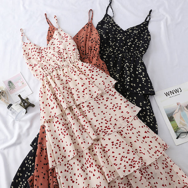 New Summer Sweet Heart Print Spaghetti Strap Dress Women Slim V-Neck Beach Long Dresses Sleeveless Sundress Party Vestidos Mw635