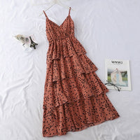 New Summer Sweet Heart Print Spaghetti Strap Dress Women Slim V-Neck Beach Long Dresses Sleeveless Sundress Party Vestidos Mw635